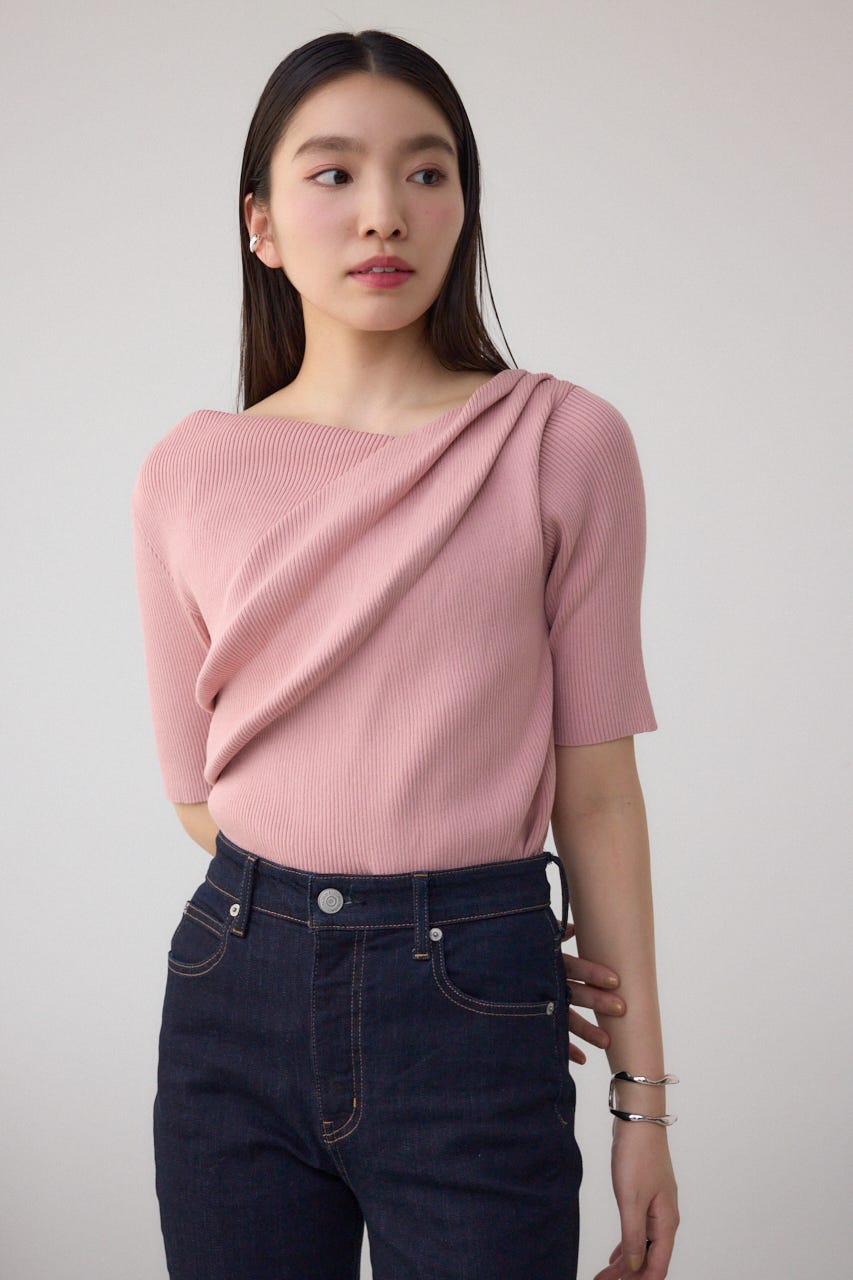 ドレープデザイン5分袖リブニット PNK FREE