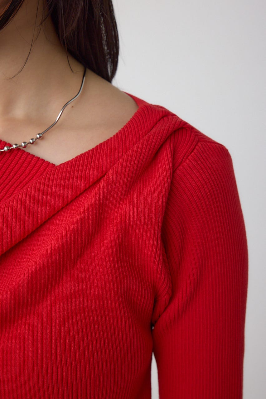 ドレープデザイン5分袖リブニット RED FREE