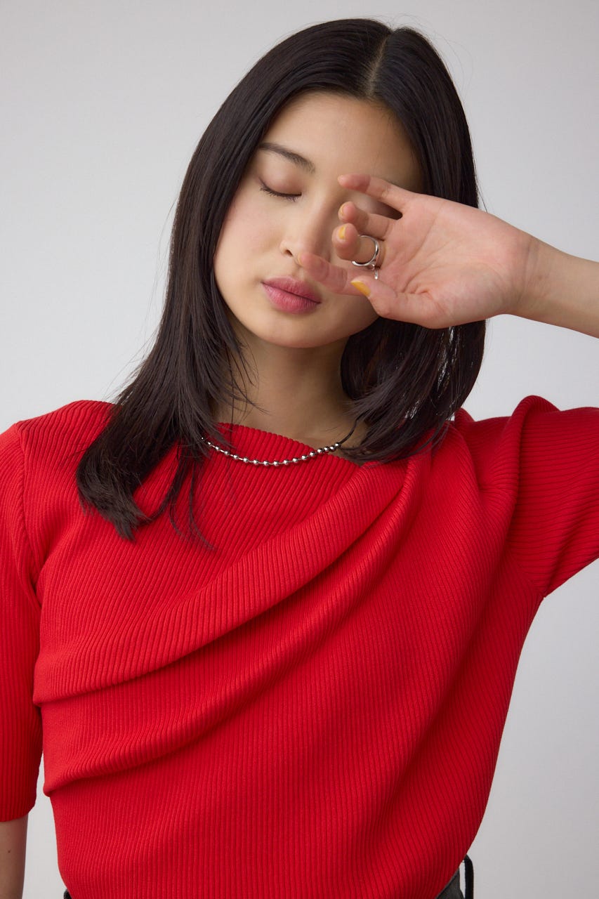 ドレープデザイン5分袖リブニット RED FREE