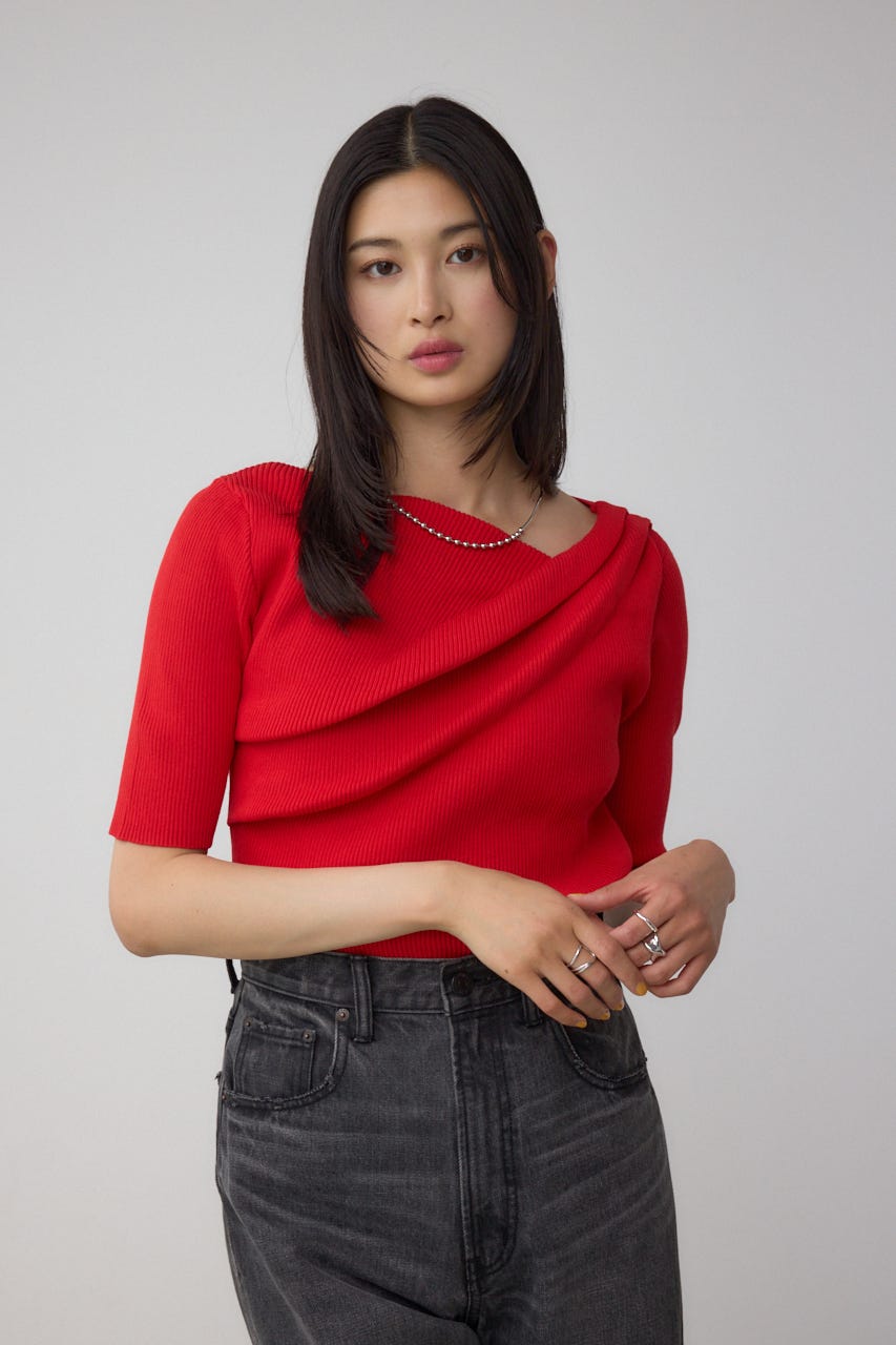 ドレープデザイン5分袖リブニット RED FREE