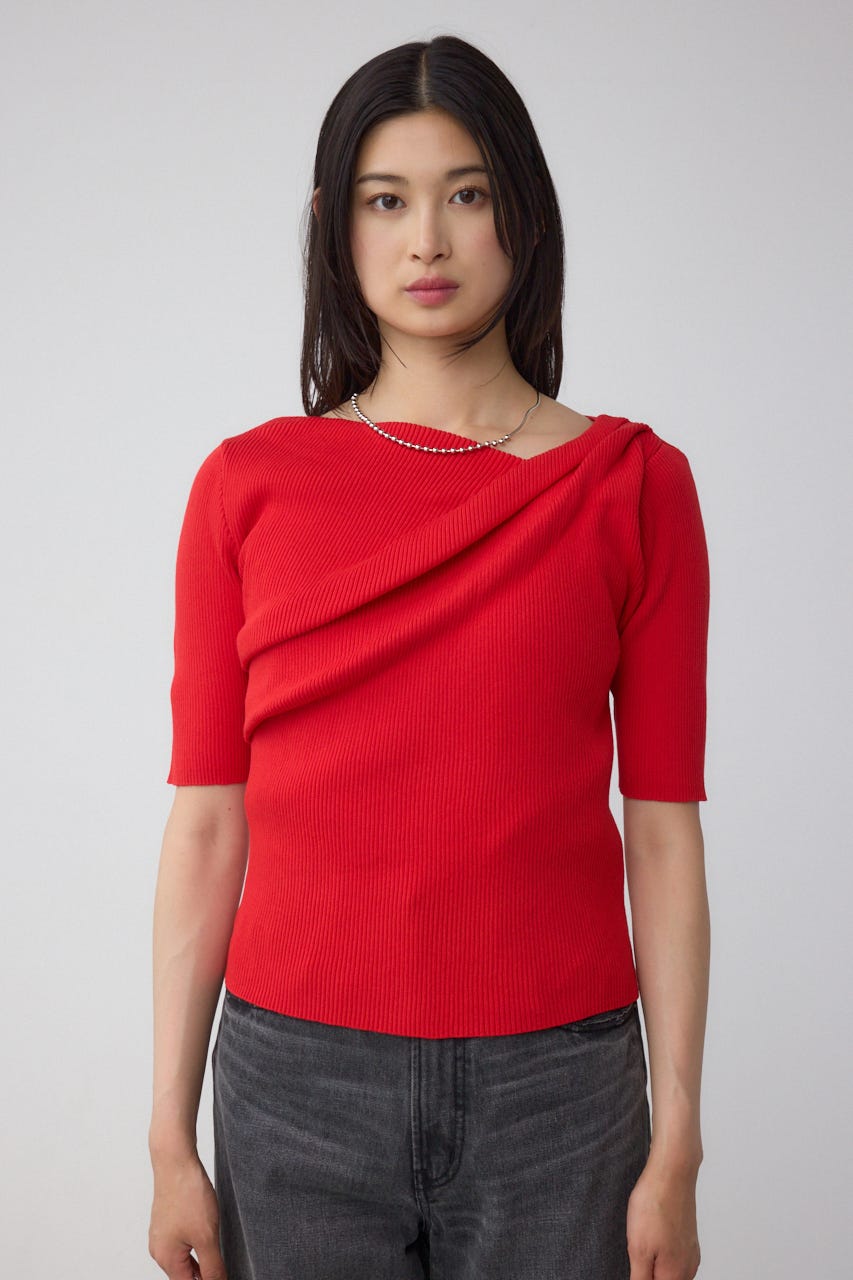 ドレープデザイン5分袖リブニット RED FREE