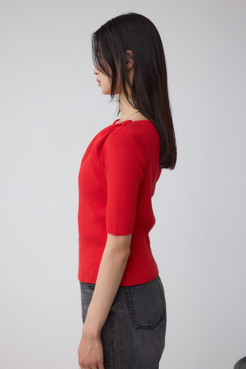 ドレープデザイン5分袖リブニット RED FREE