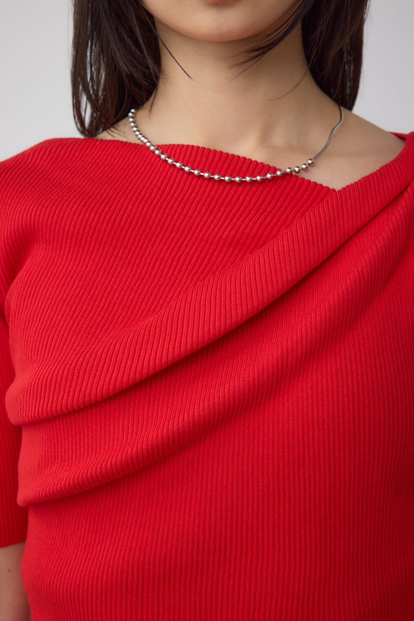 ドレープデザイン5分袖リブニット RED FREE