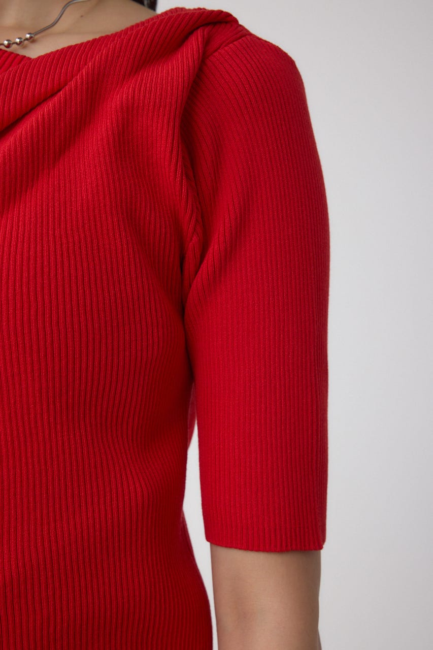 ドレープデザイン5分袖リブニット RED FREE