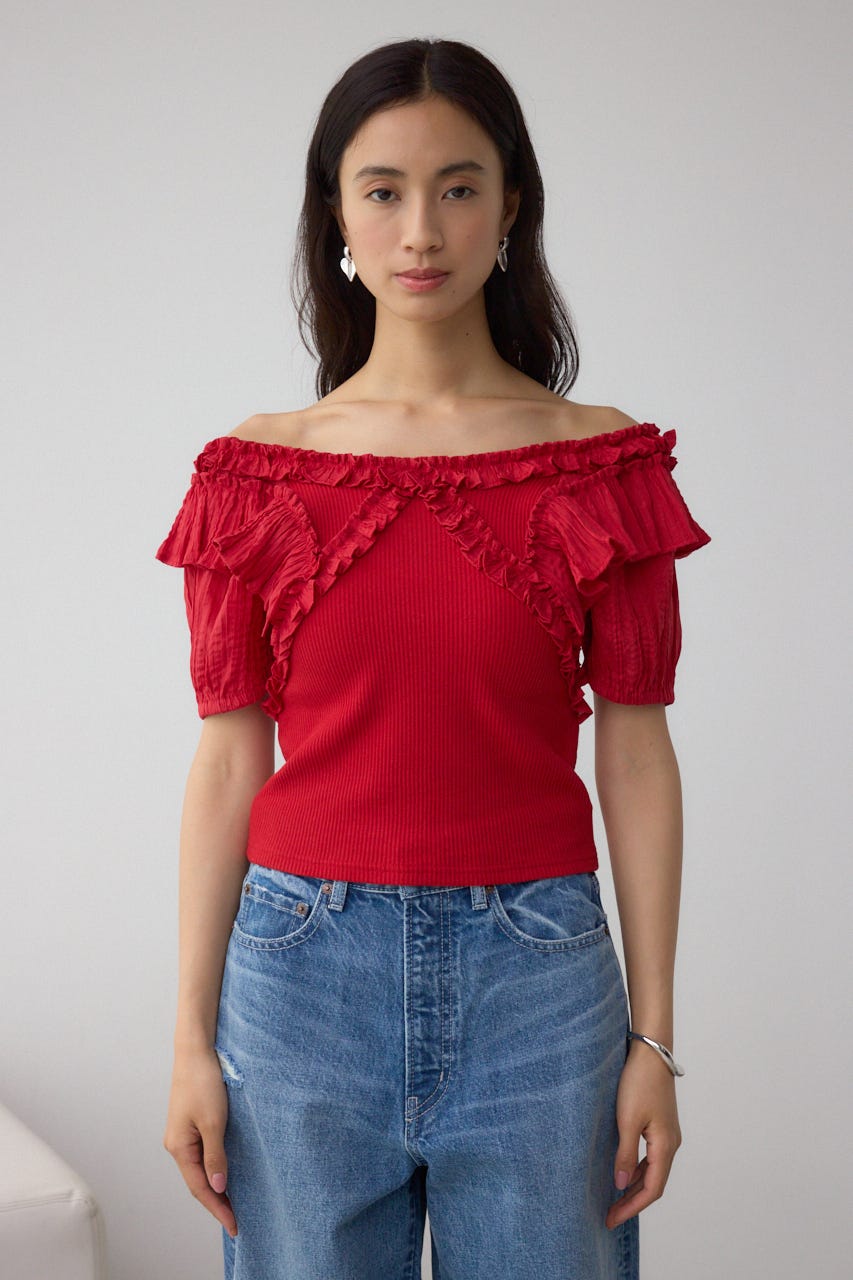 ダークブルー フリル付きトップス AZUL BY MOUSSY | 【堀田茜さん着用アイテム】コンビネーション