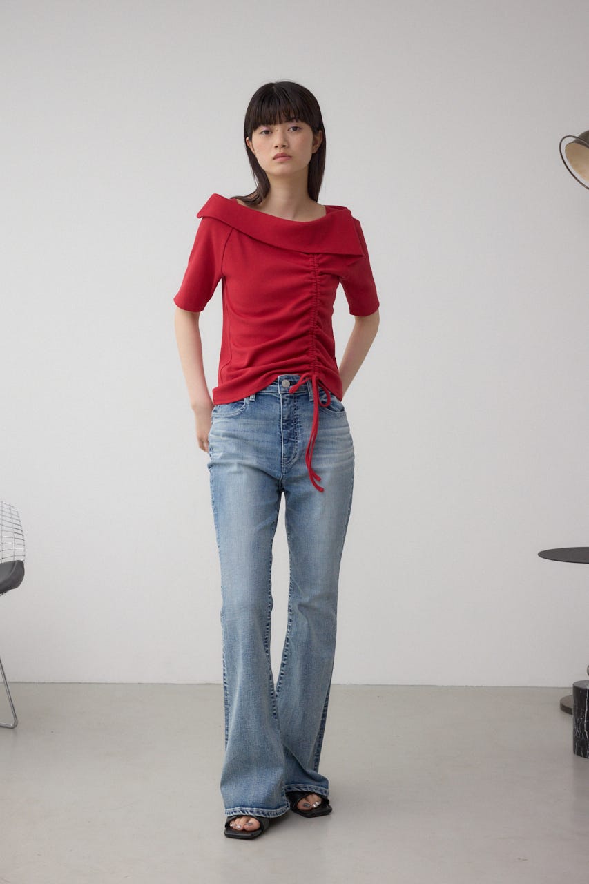 スクエアネックドロストカットトップス RED FREE
