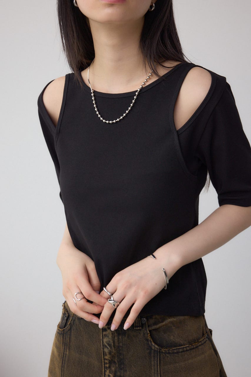 デザインネックショートTシャツ BLK FREE