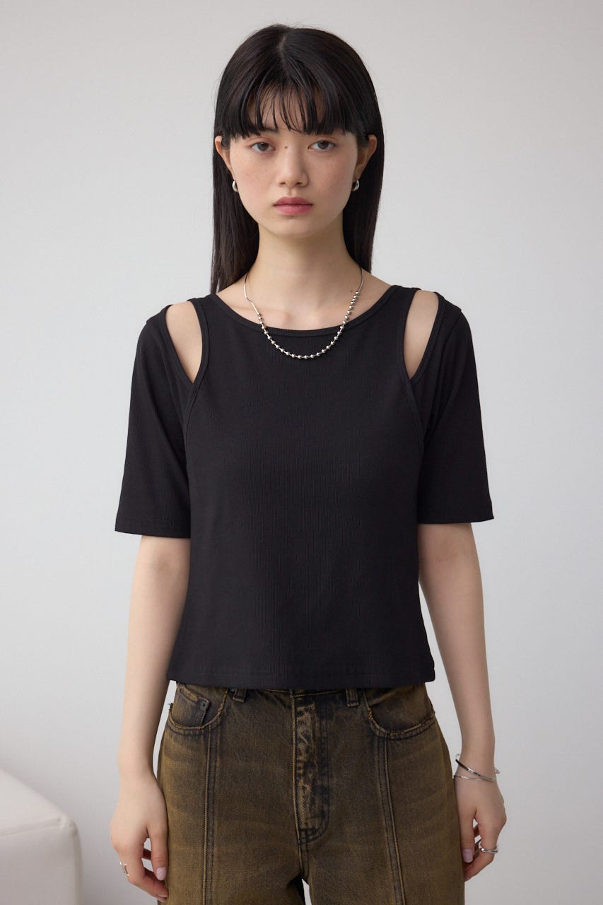 デザインネックショートTシャツ BLK FREE