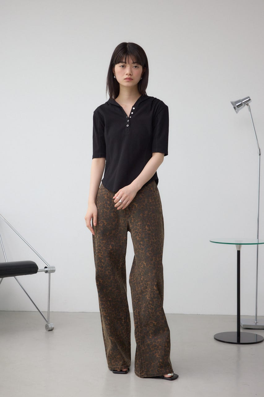 ヘンリーネックフーディーリブトップス BLK FREE