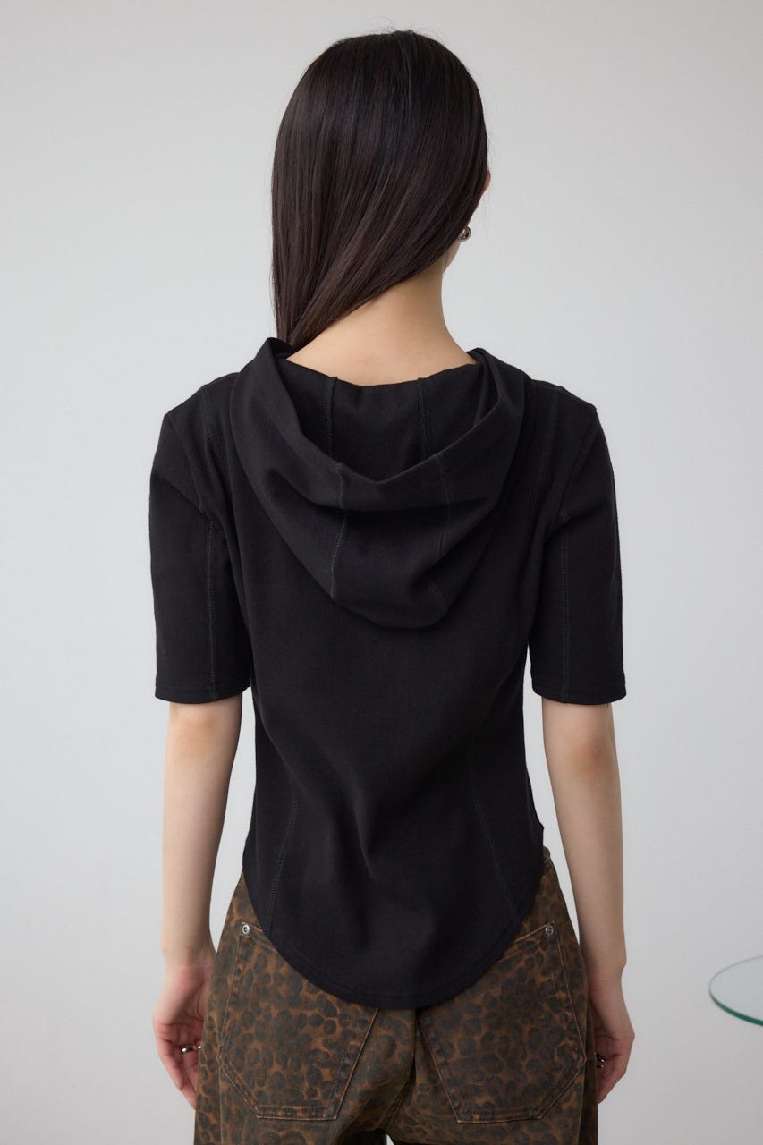 ヘンリーネックフーディーリブトップス BLK FREE