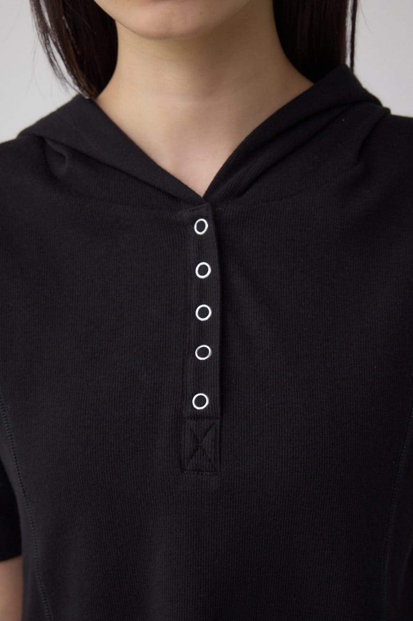 ヘンリーネックフーディーリブトップス BLK FREE