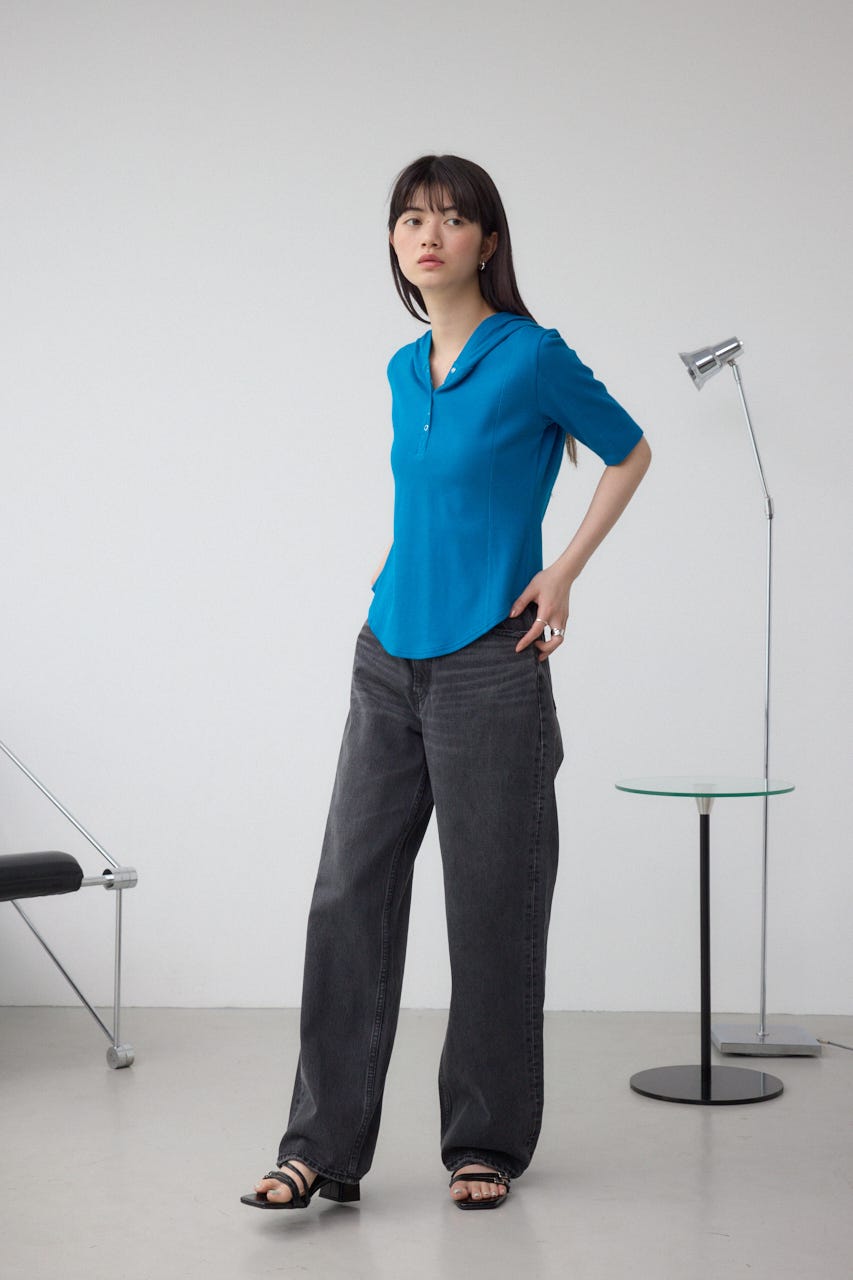 ヘンリーネックフーディーリブトップス BLU FREE