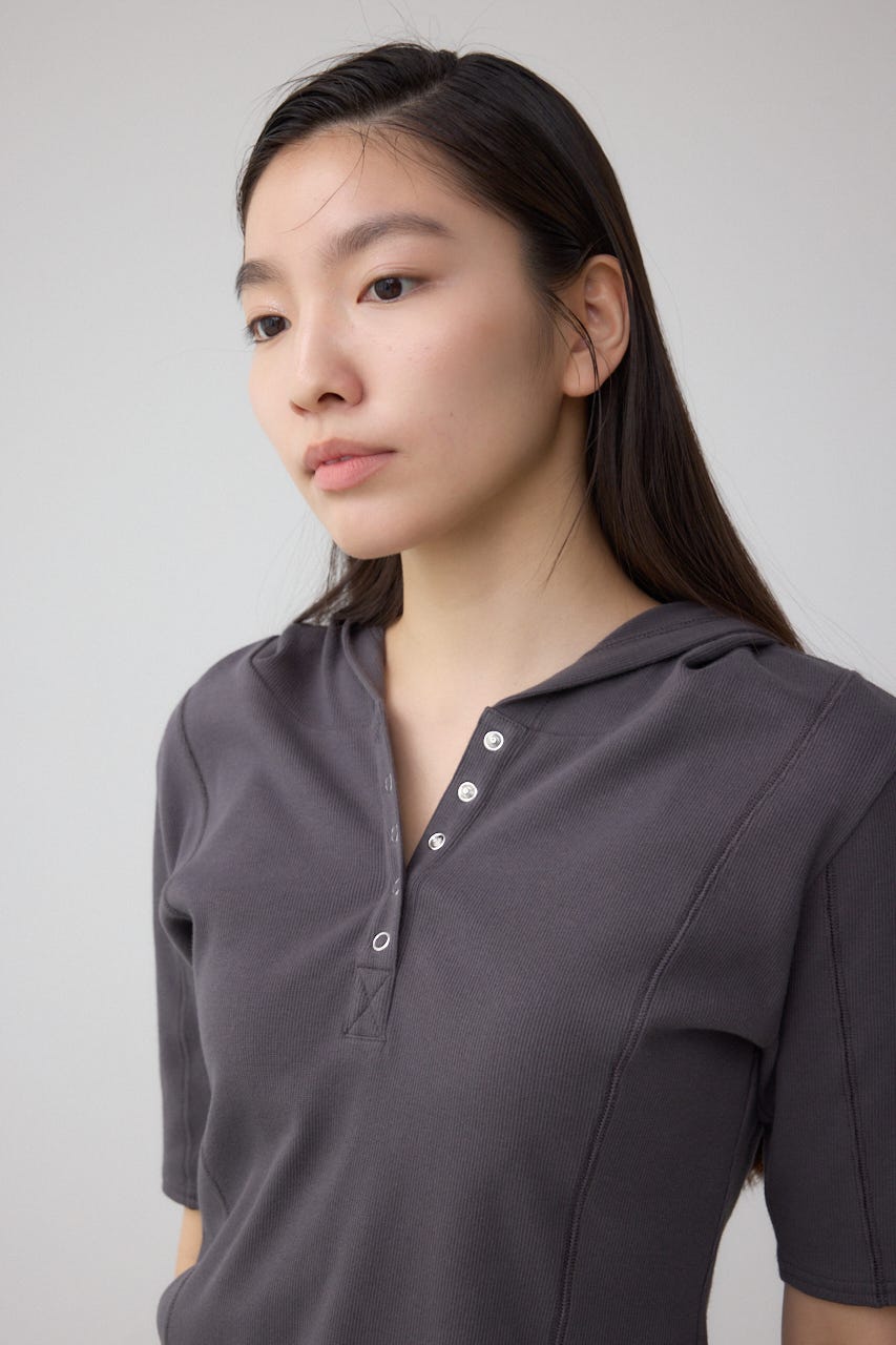 ヘンリーネックフーディーリブトップス C.GRY FREE