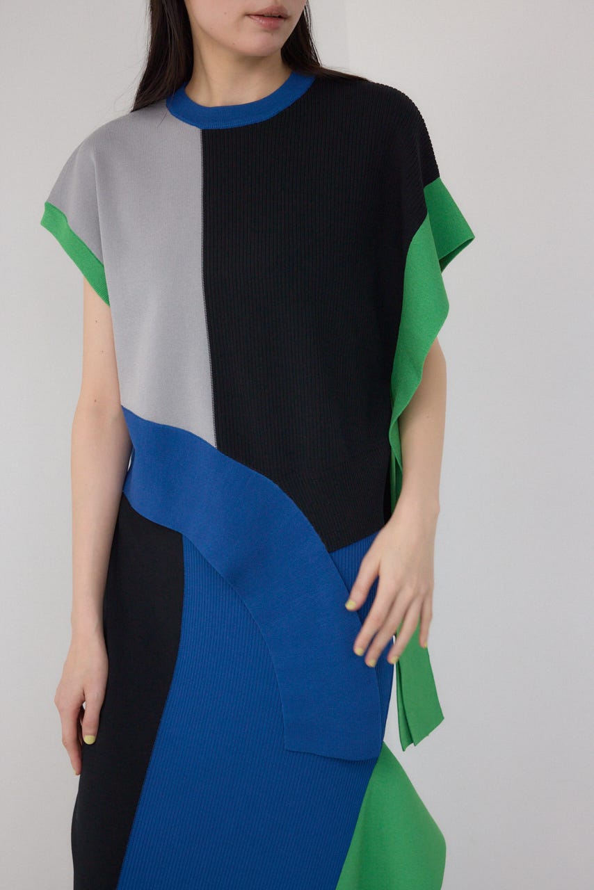 【PLUS】ブロッキングアシンメトリーニットベスト 柄BLK FREE