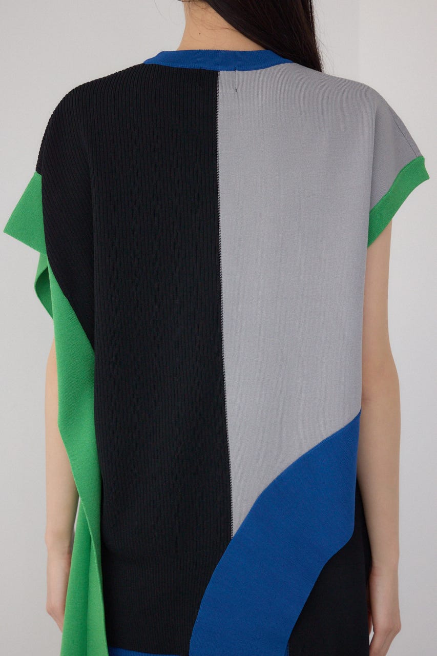 【PLUS】ブロッキングアシンメトリーニットベスト 柄BLK FREE