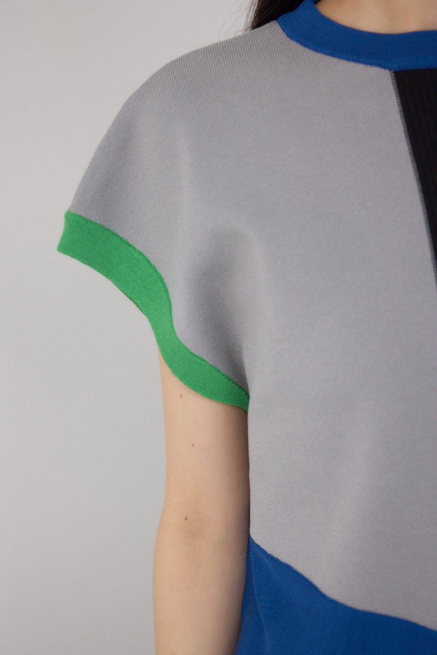 【PLUS】ブロッキングアシンメトリーニットベスト 柄BLK FREE