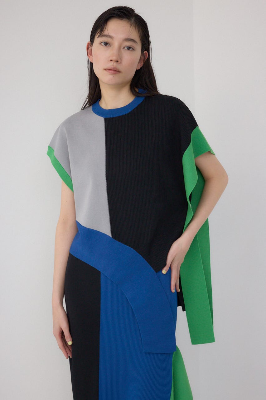 【PLUS】ブロッキングアシンメトリーニットベスト 柄BLK FREE