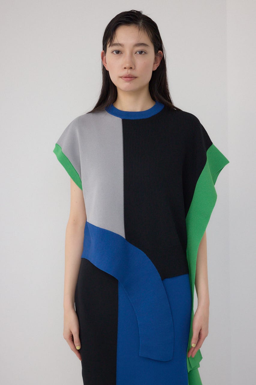 【PLUS】ブロッキングアシンメトリーニットベスト 柄BLK FREE