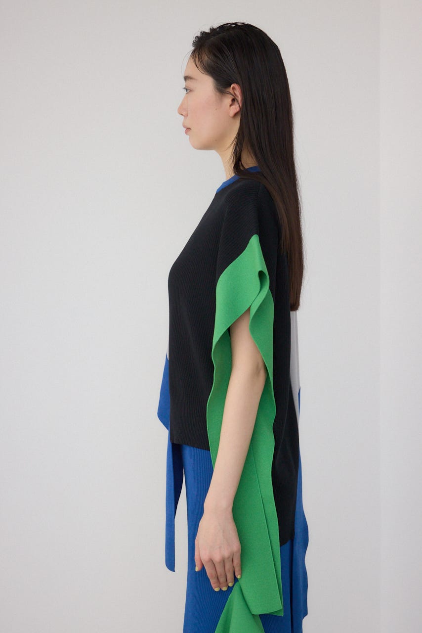 【PLUS】ブロッキングアシンメトリーニットベスト 柄BLK FREE