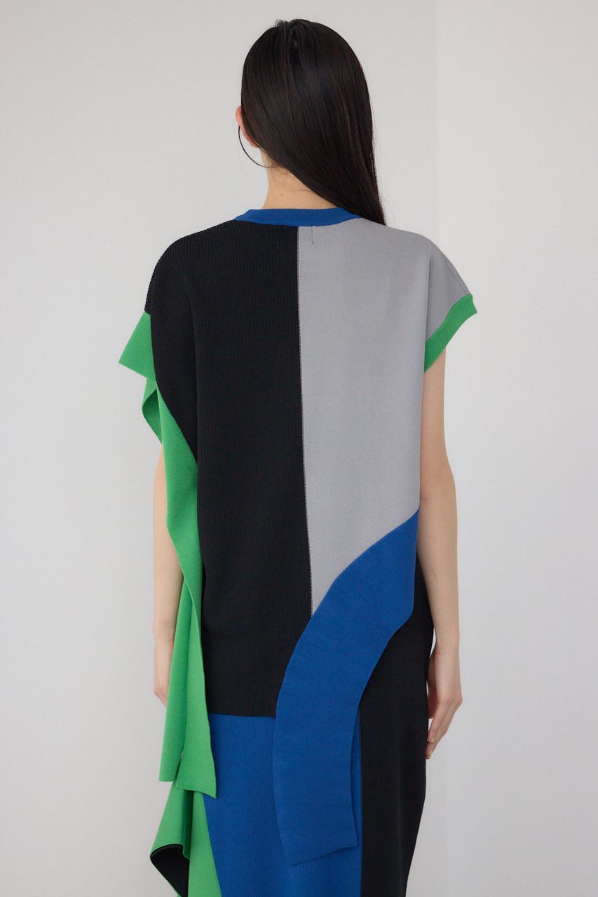 【PLUS】ブロッキングアシンメトリーニットベスト 柄BLK FREE