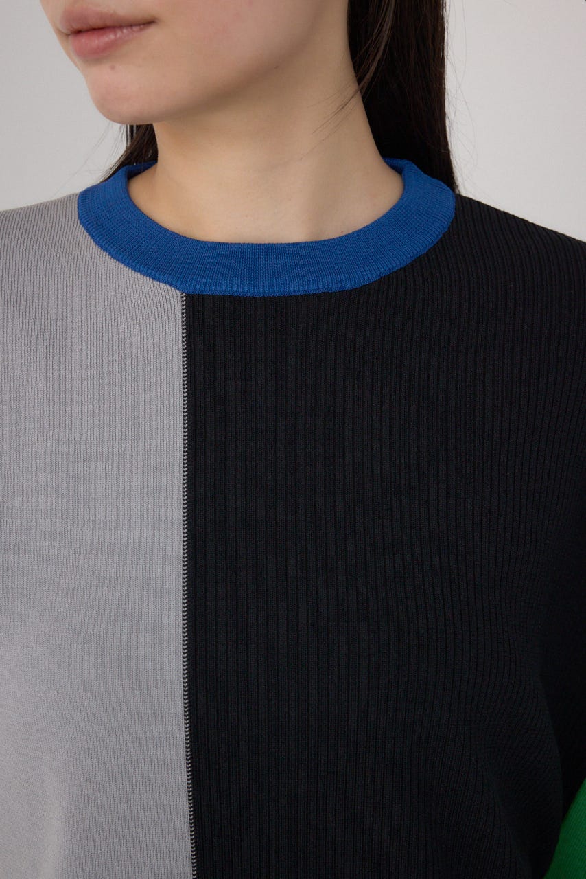 【PLUS】ブロッキングアシンメトリーニットベスト 柄BLK FREE