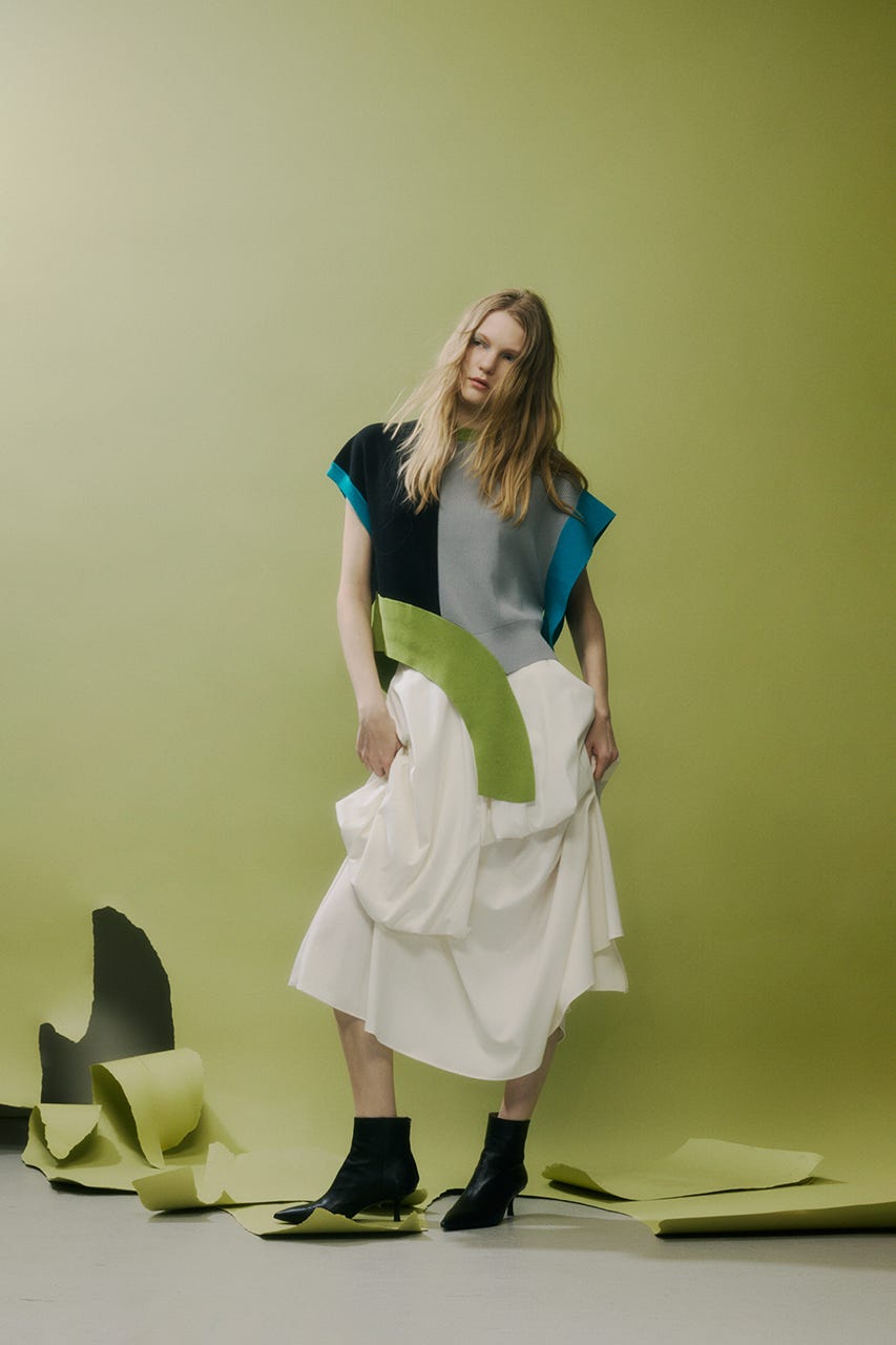 【PLUS】ブロッキングアシンメトリーニットベスト 柄GRY FREE