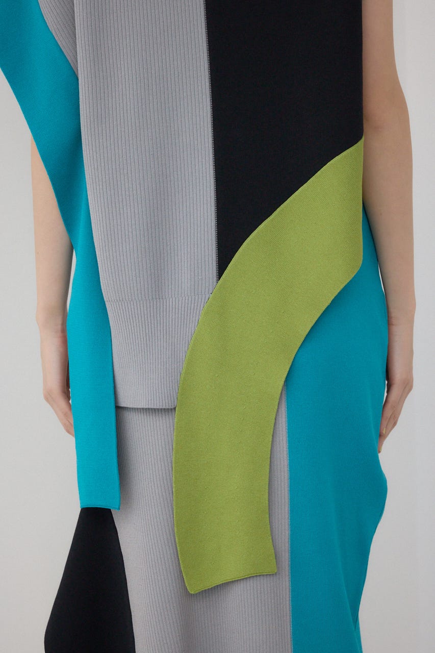 【PLUS】ブロッキングアシンメトリーニットベスト 柄GRY FREE