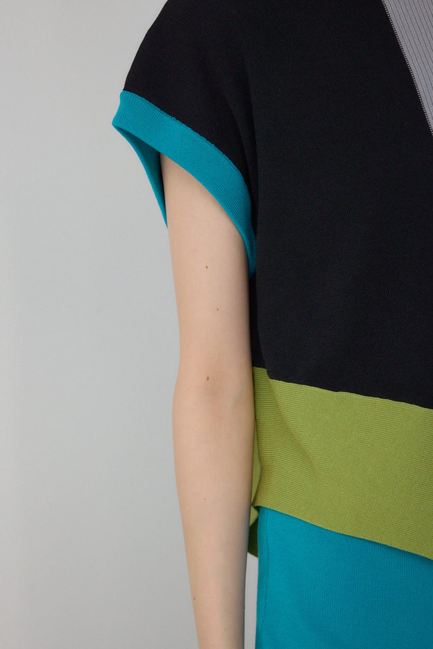 【PLUS】ブロッキングアシンメトリーニットベスト 柄GRY FREE