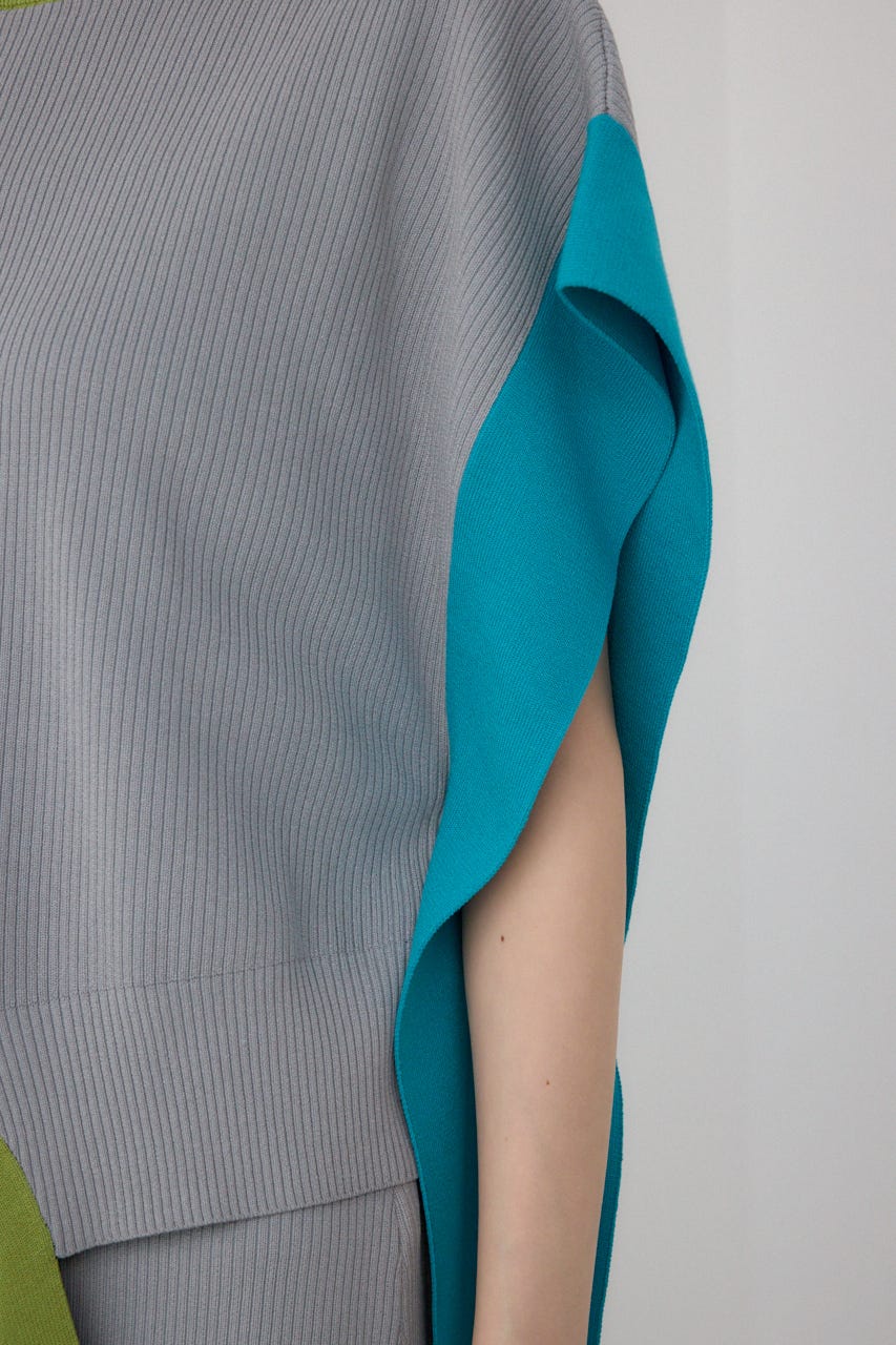 【PLUS】ブロッキングアシンメトリーニットベスト 柄GRY FREE