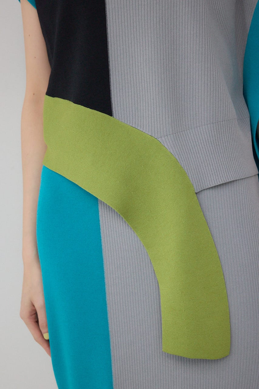 【PLUS】ブロッキングアシンメトリーニットベスト 柄GRY FREE