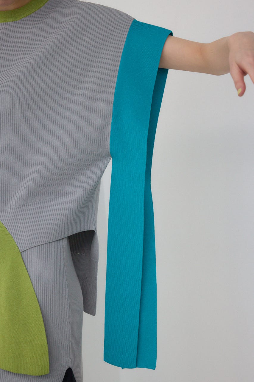 【PLUS】ブロッキングアシンメトリーニットベスト 柄GRY FREE