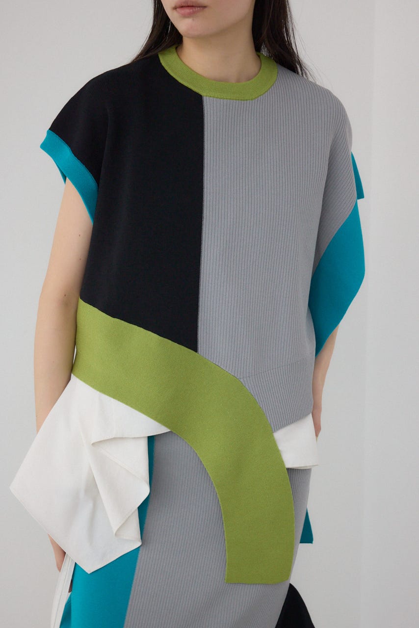 【PLUS】ブロッキングアシンメトリーニットベスト 柄GRY FREE