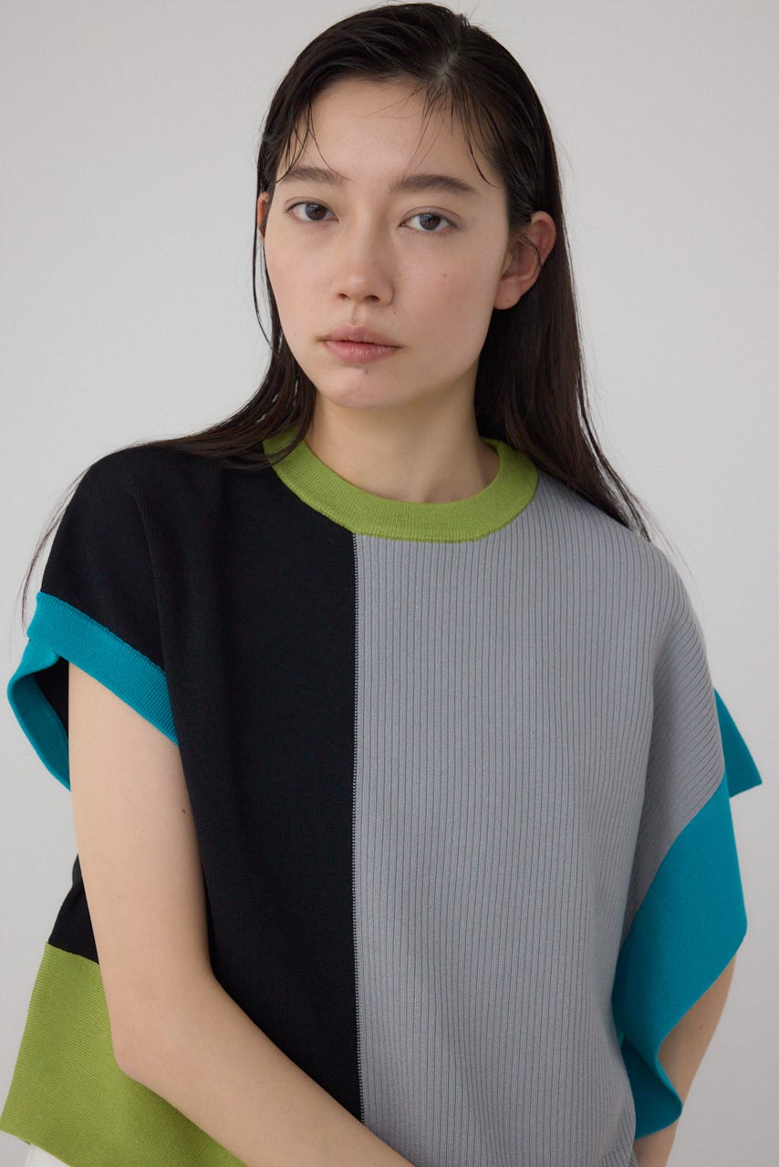 【PLUS】ブロッキングアシンメトリーニットベスト 柄GRY FREE