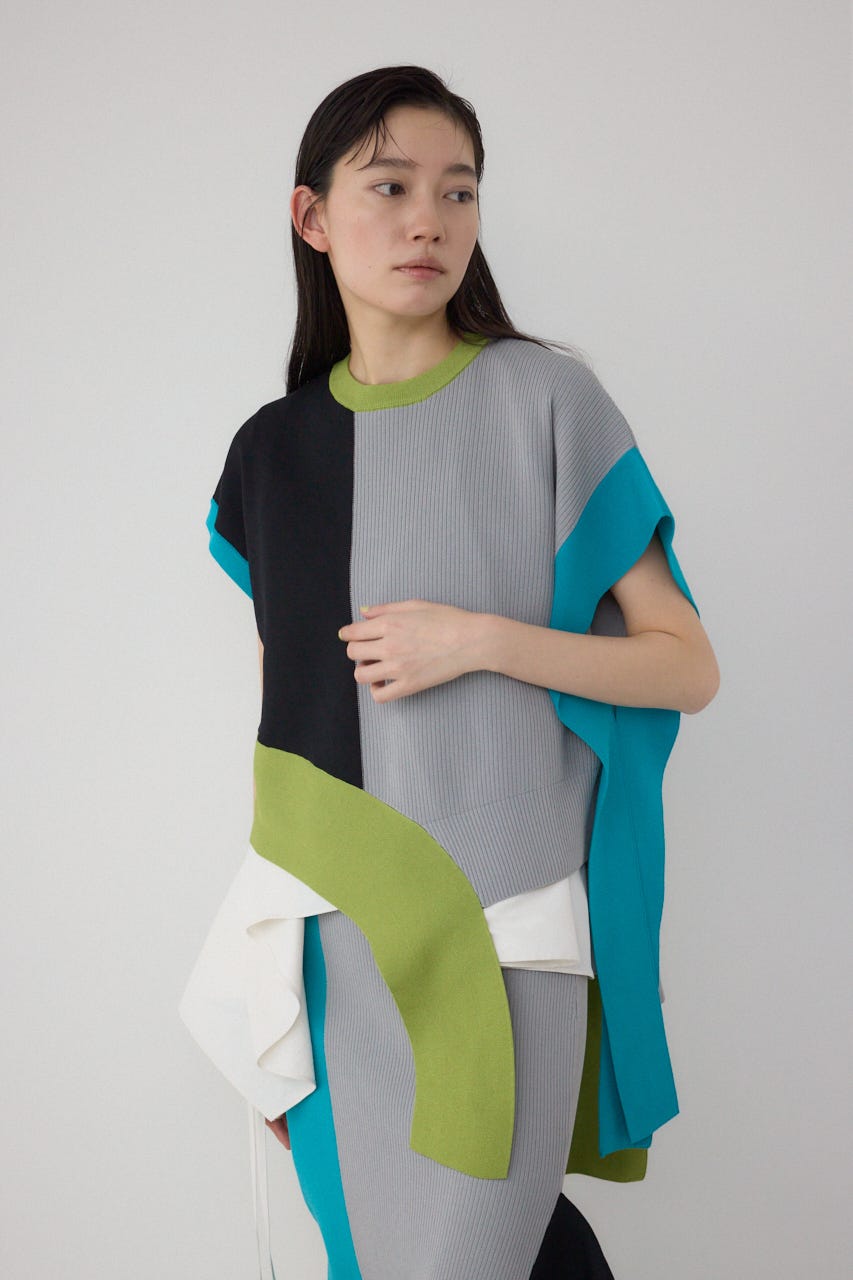 【PLUS】ブロッキングアシンメトリーニットベスト 柄GRY FREE