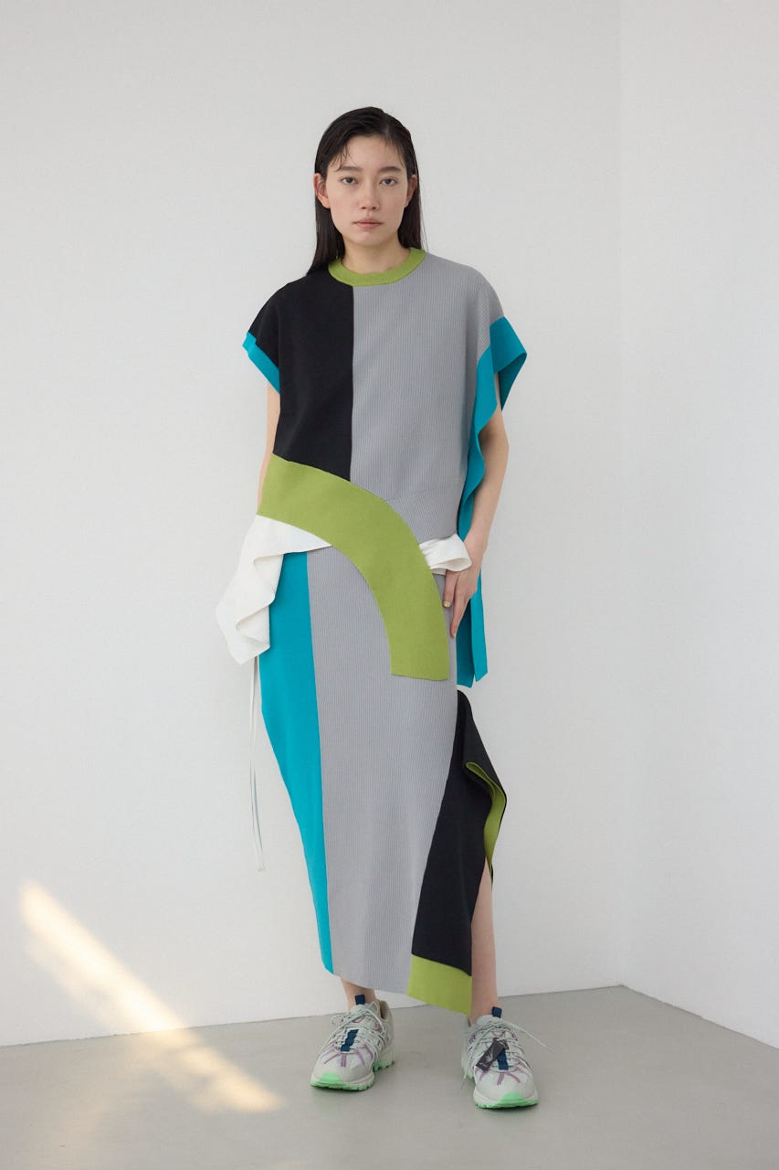 【PLUS】ブロッキングアシンメトリーニットベスト 柄GRY FREE