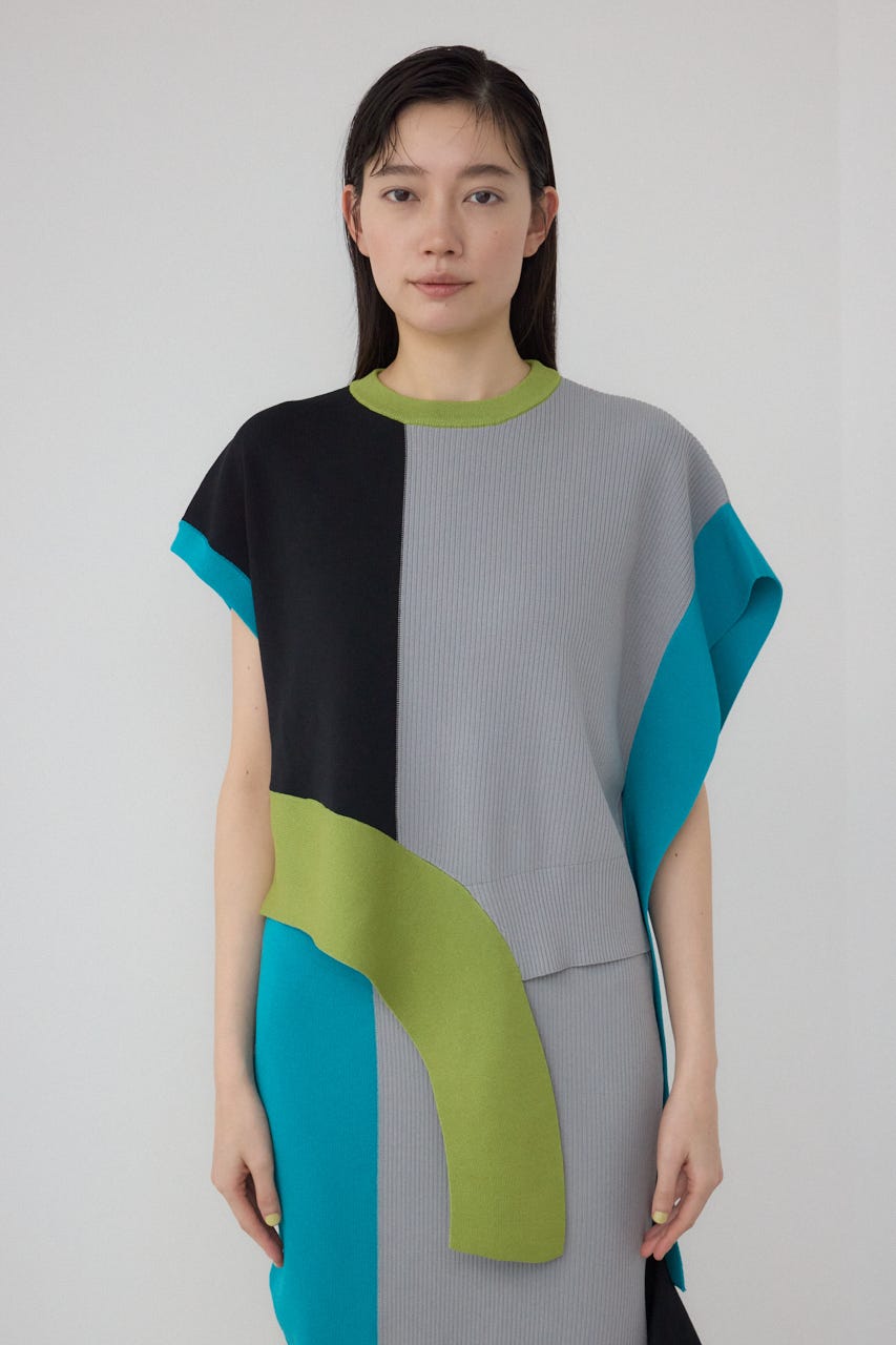 【PLUS】ブロッキングアシンメトリーニットベスト 柄GRY FREE