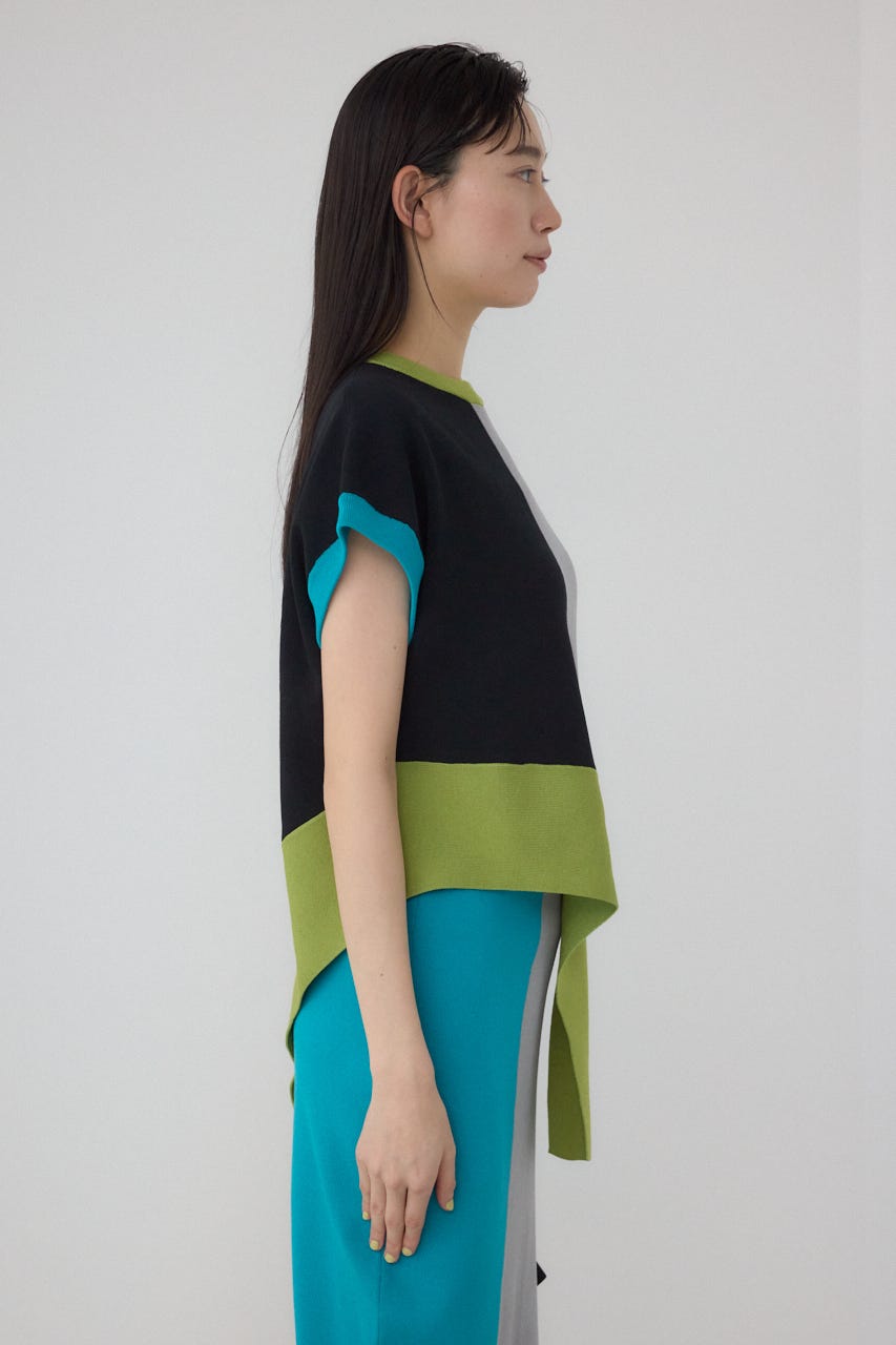 【PLUS】ブロッキングアシンメトリーニットベスト 柄GRY FREE