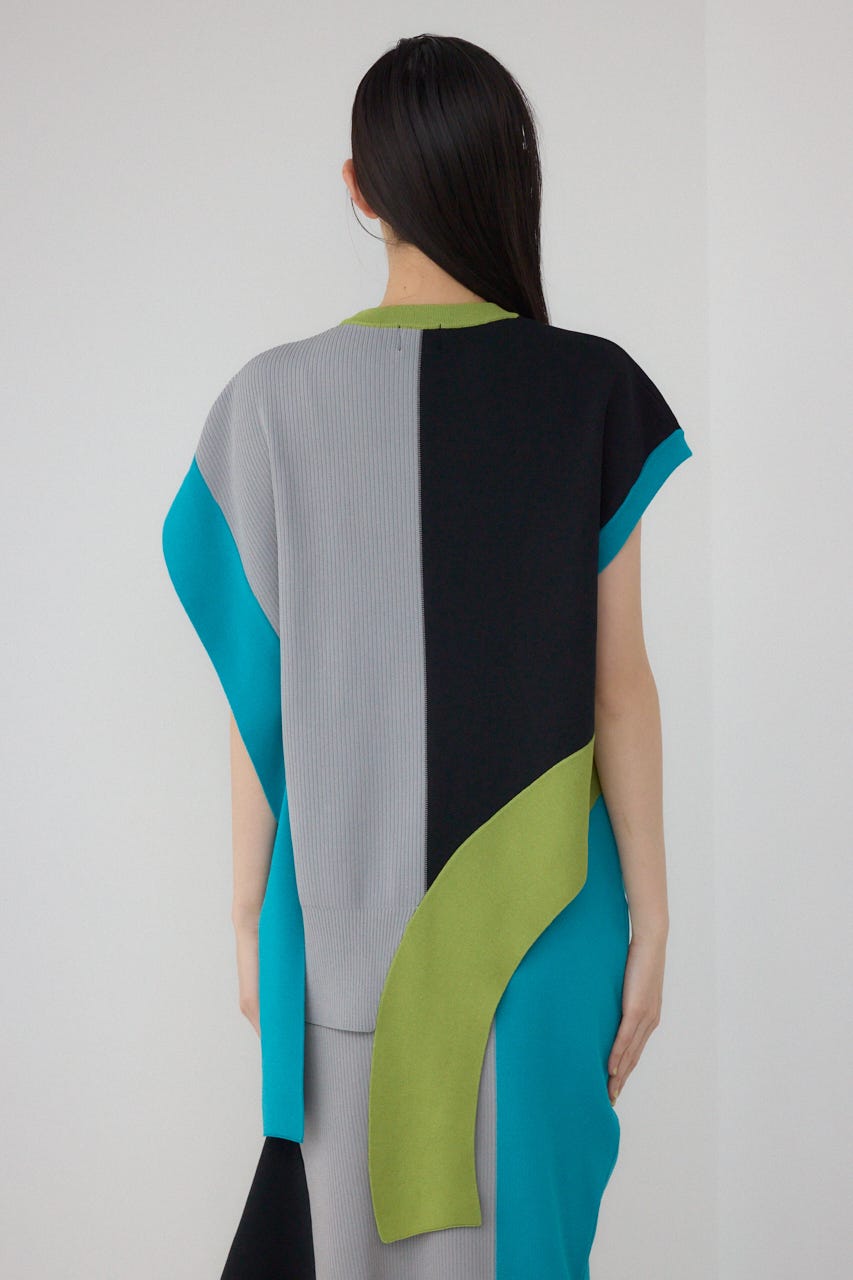 【PLUS】ブロッキングアシンメトリーニットベスト 柄GRY FREE