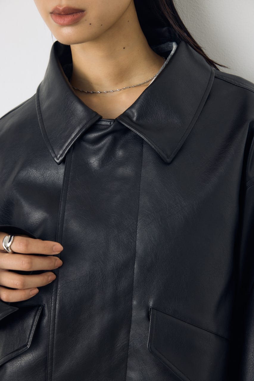 フェイクレザー/スエード2WAYファー付ブルゾン BLK S