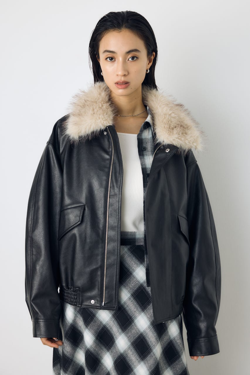 【AW先行アイテム】フェイクレザー/スエード2WAYファー付ブルゾン BLK S