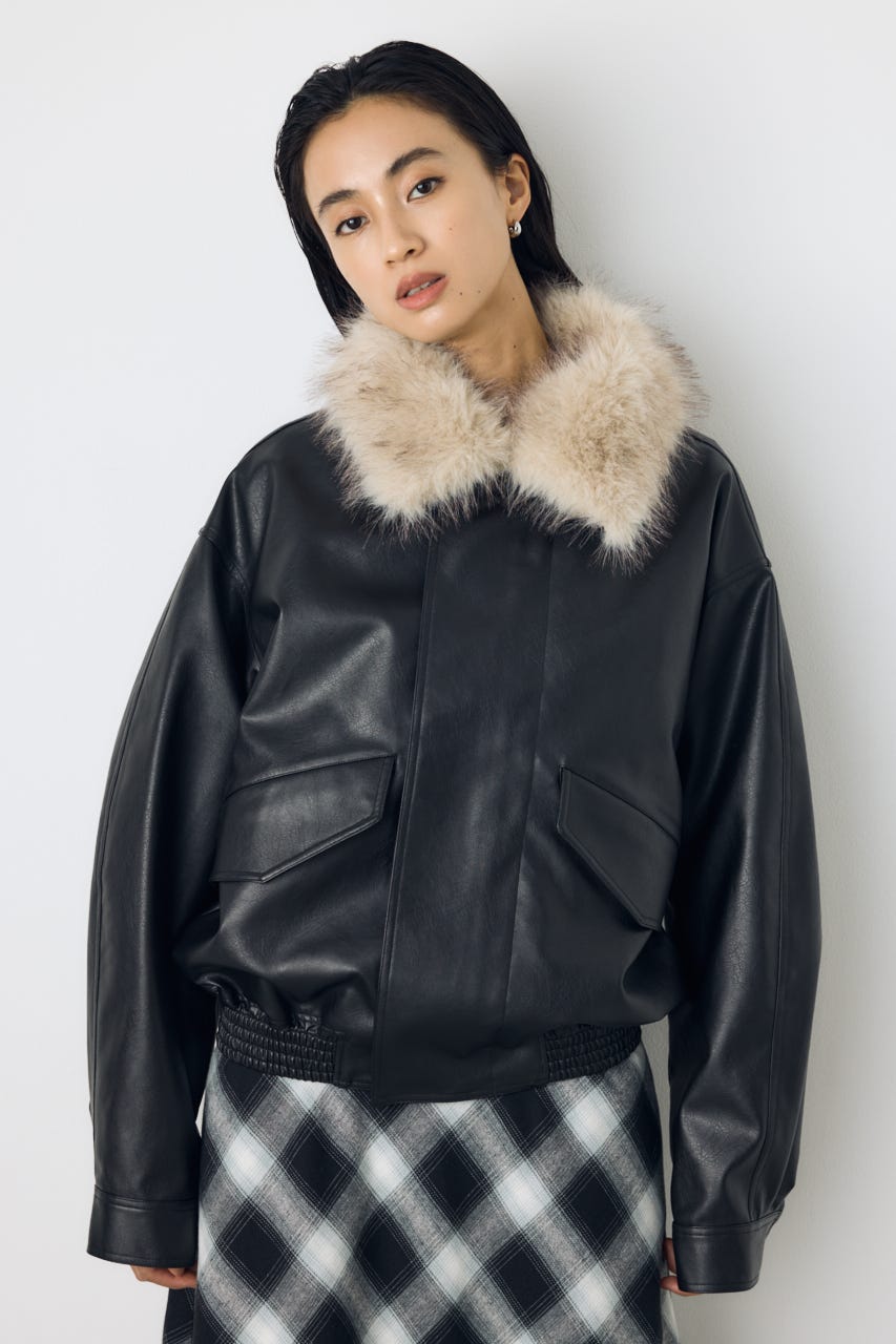 【AW先行アイテム】フェイクレザー/スエード2WAYファー付ブルゾン BLK S