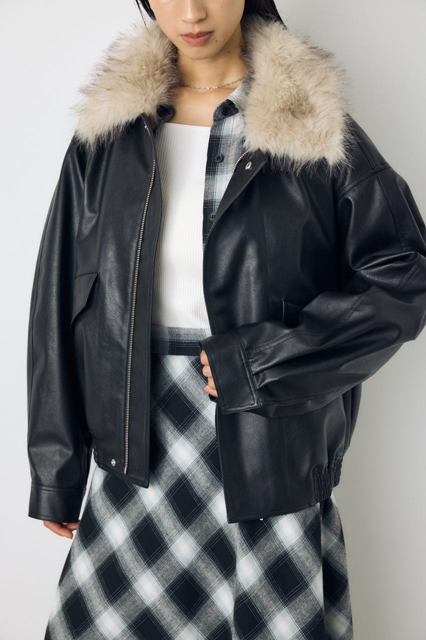 【AW先行アイテム】フェイクレザー/スエード2WAYファー付ブルゾン BLK S