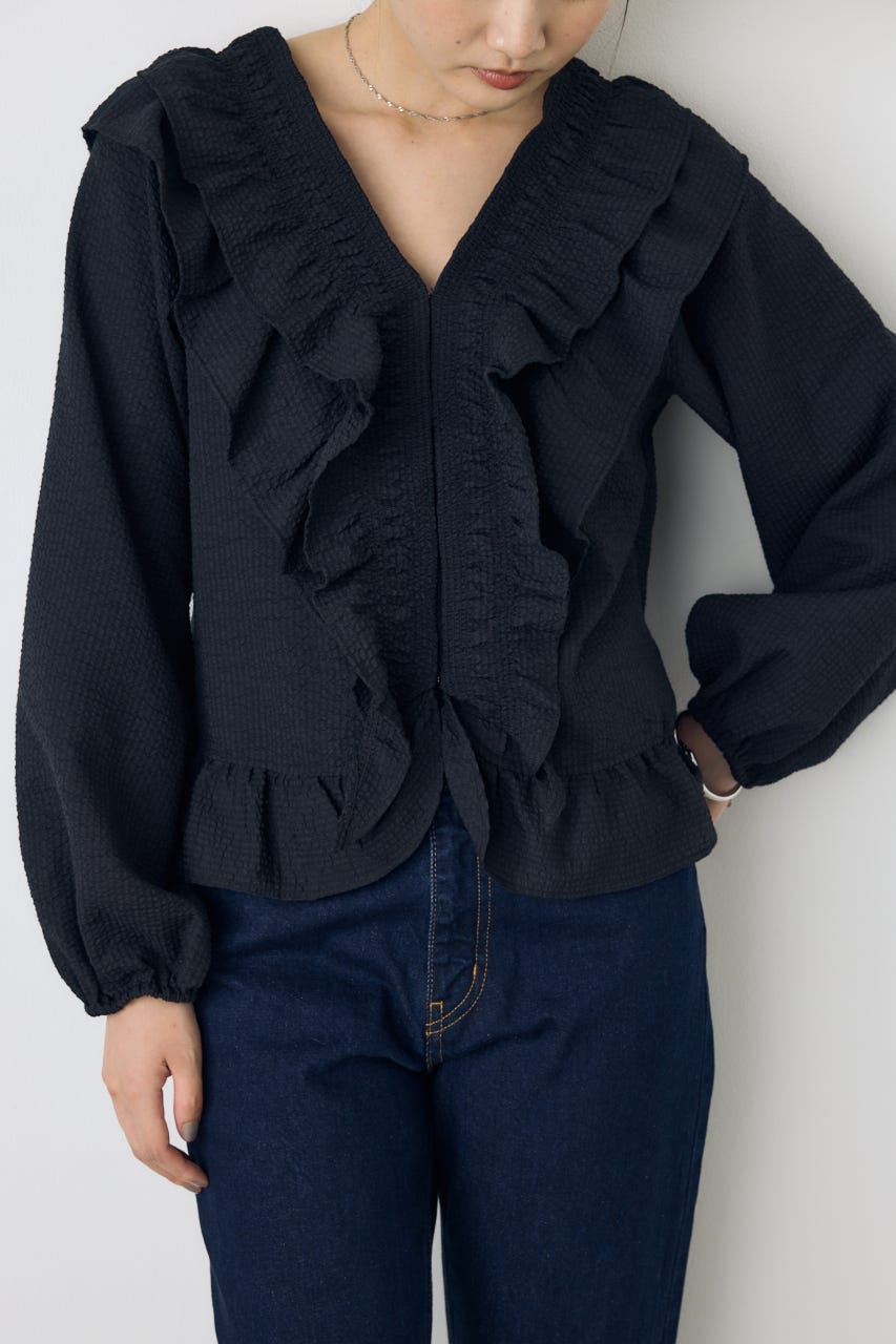 フロントホックラッフルブラウス BLK FREE