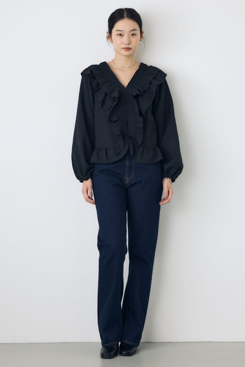 フロントホックラッフルブラウス BLK FREE