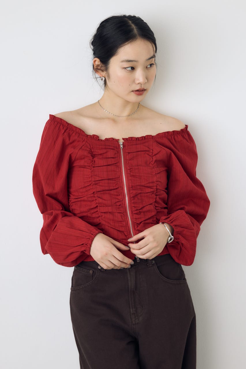 2WAYオフショルダブルジップドビーブラウス RED FREE