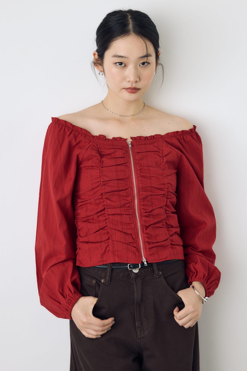 2WAYオフショルダブルジップドビーブラウス RED FREE