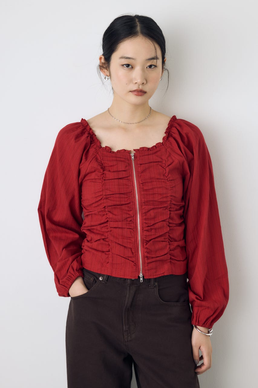 2WAYオフショルダブルジップドビーブラウス RED FREE