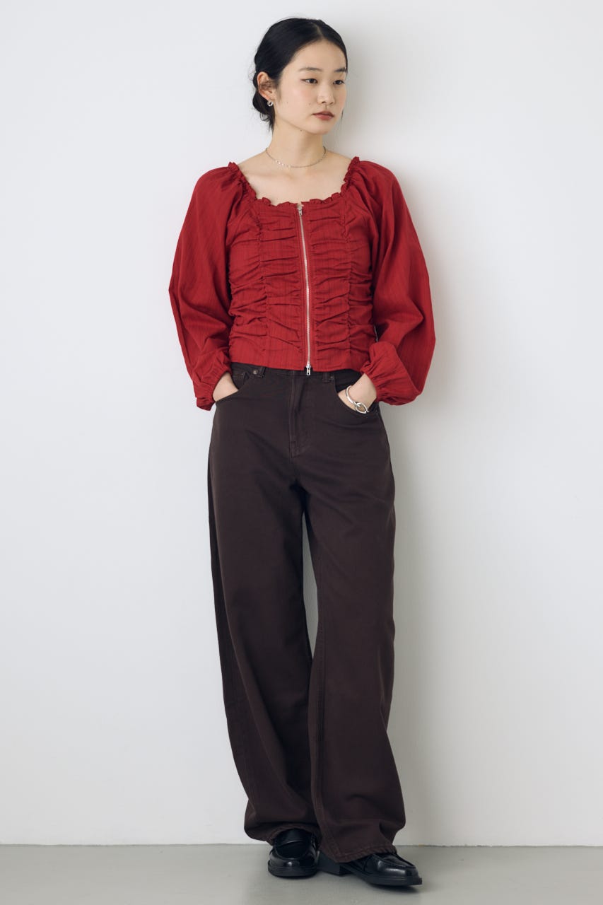 2WAYオフショルダブルジップドビーブラウス RED FREE