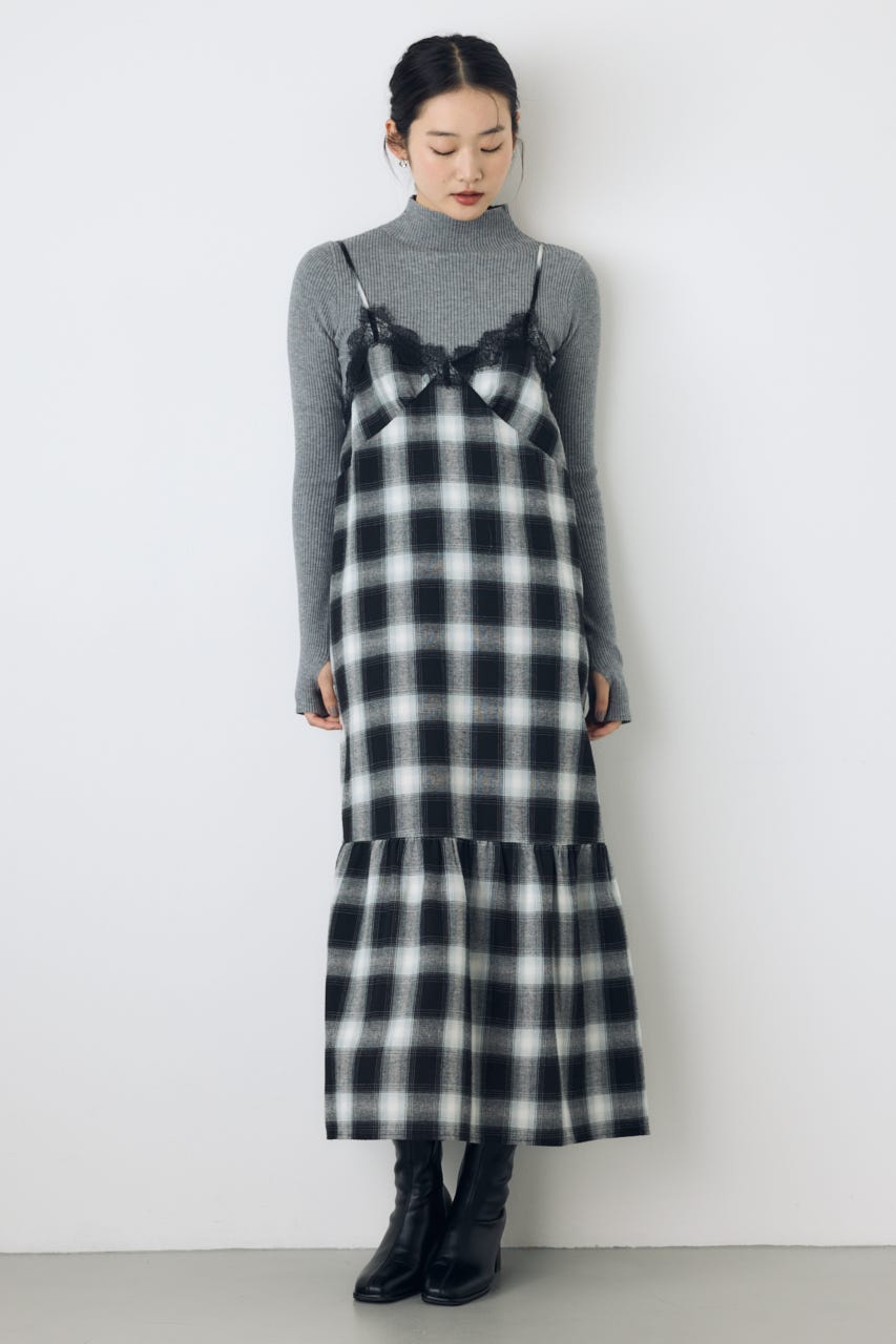 レースドッキングチェックキャミワンピース 柄BLK M