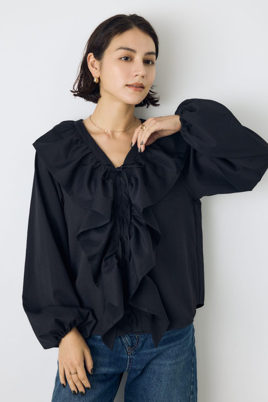 レースアップラッフルブラウス BLK FREE